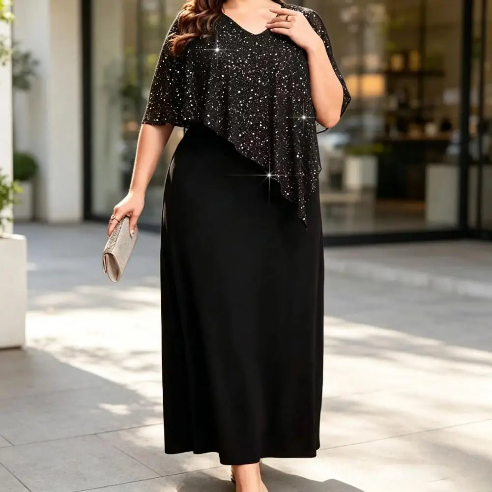 Orlando Plus Size O Neck Midi Loose Lady Chiffon Sequin Sexy Elegant Dress