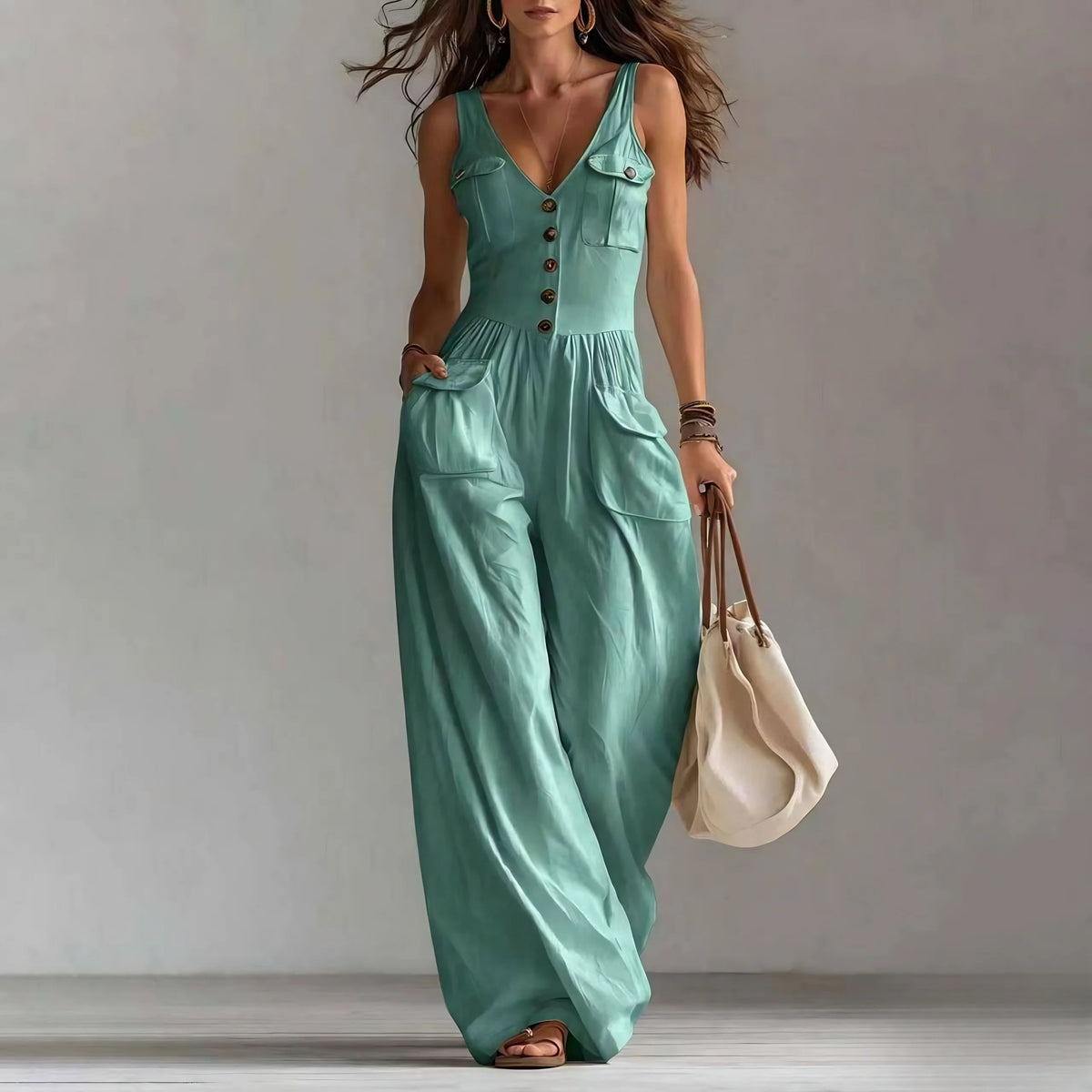 Women's Jumpsuit Featuring V-Neck, Button Decor, Wide-Leg Design and Pockets