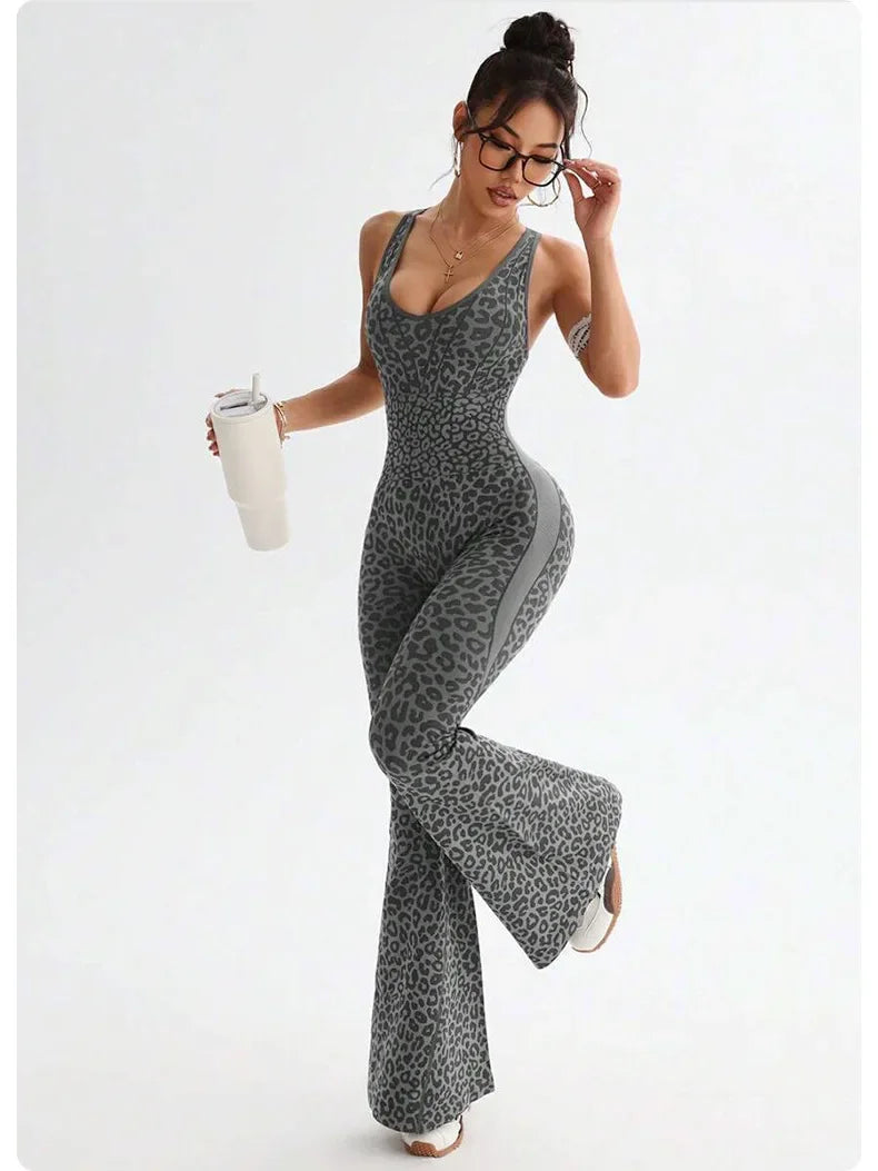 Reading Leopard Sportwear Sleeveless Backless Flare Jumpsuits