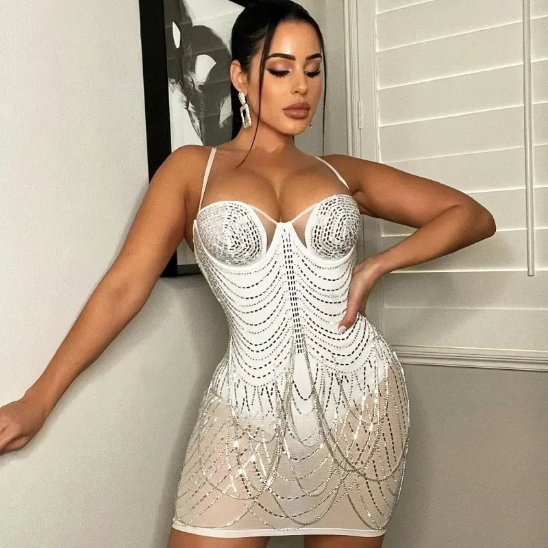 Franklin Township Rhinestone Fringe Glam Mesh Sequins Party Clubwear Mini Dress