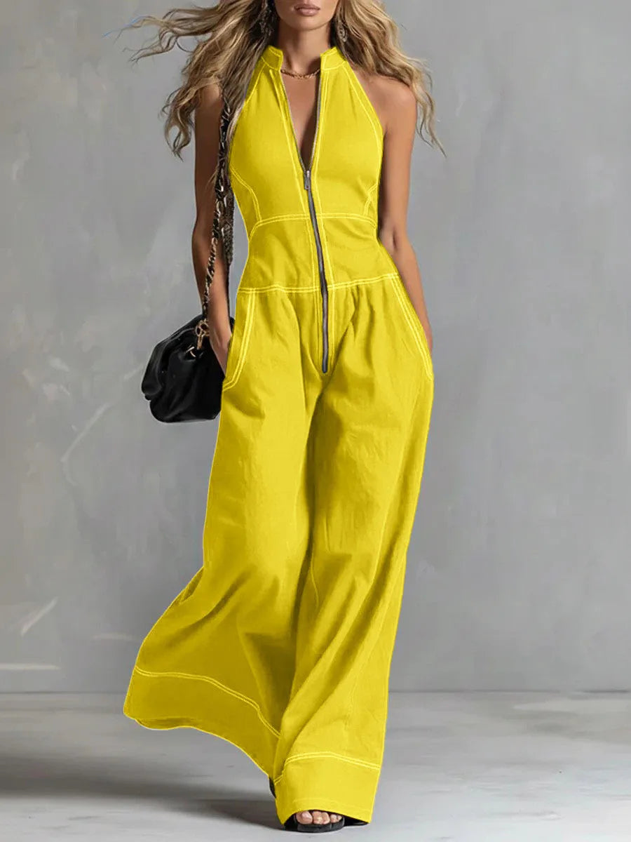 2026 New Summer Women's Jumpsuit Solid Color With Zipper Casual Loose Fashion Comfortable Unique Retro Niche Commuting Jumpsuit
