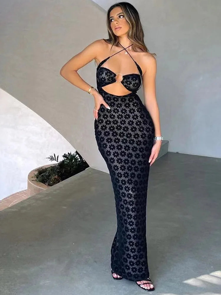 Solid Color Hanging Neck Sexy Hollow Perspective Bag Hips Robe Maxi Dress