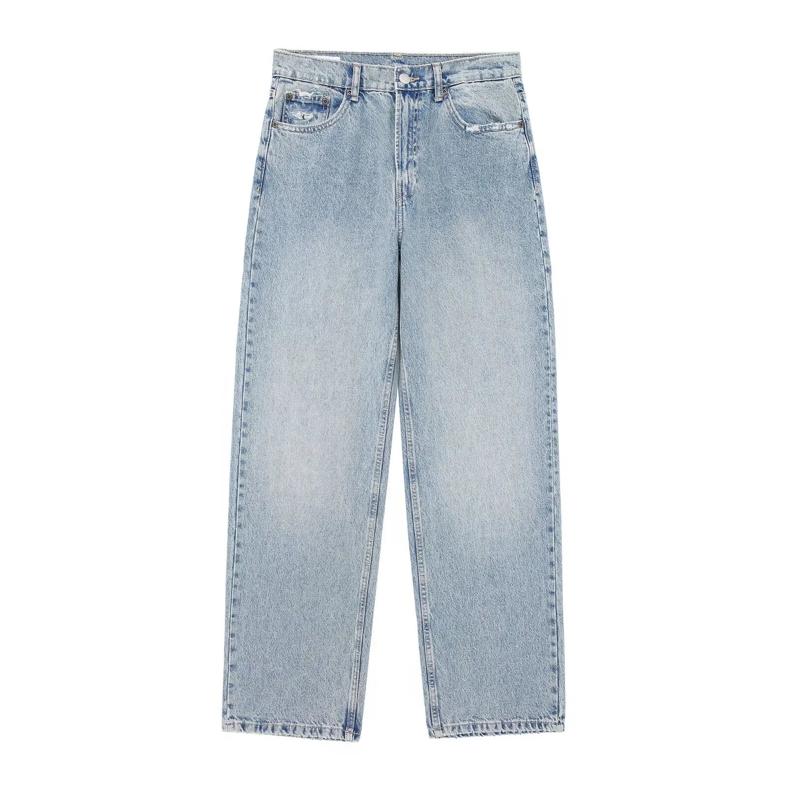 Jeans For Women 2024 Denim Solid Loose Zipper Fly Female Hole Trouser
