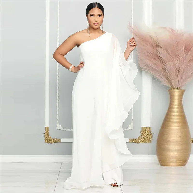 Oldwick Elegant Chiffon One Shoulder Wide Leg Jumpsuit