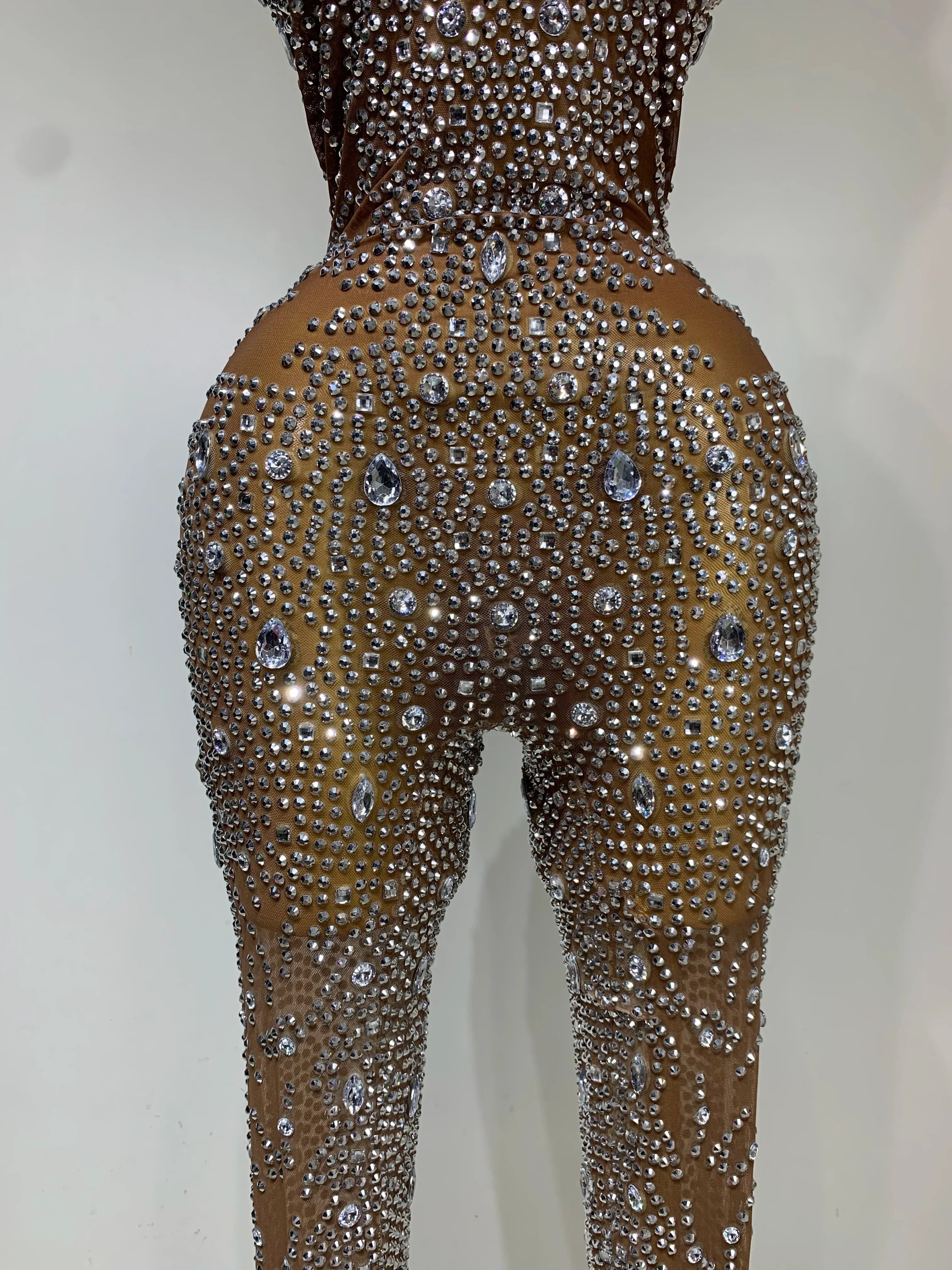 Rochester Hills Rhinestones Jumpsuit Mesh See Through Performance Dance Jumpsuit