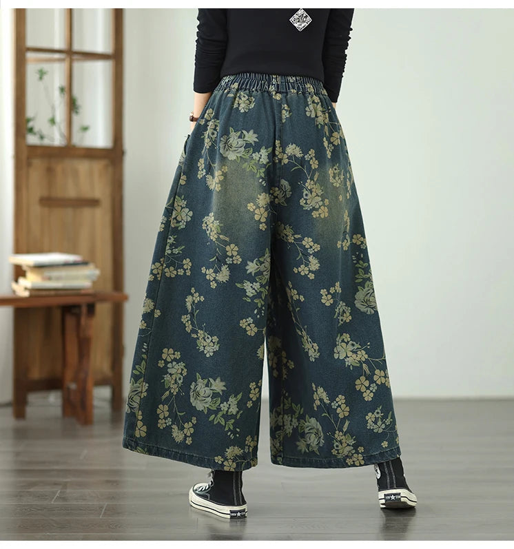 Printed Jeans For Women 2025 Autumn Vintage Extended Elastic Waist