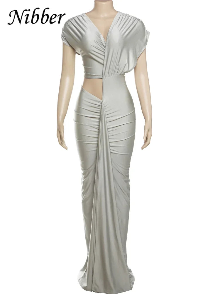 Adams Irregular Hollow Ruched Diagonal Collar Shorts Sleeve Waistless Slits Street Dress