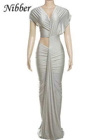 Adams Irregular Hollow Ruched Diagonal Collar Shorts Sleeve Waistless Slits Street Dress