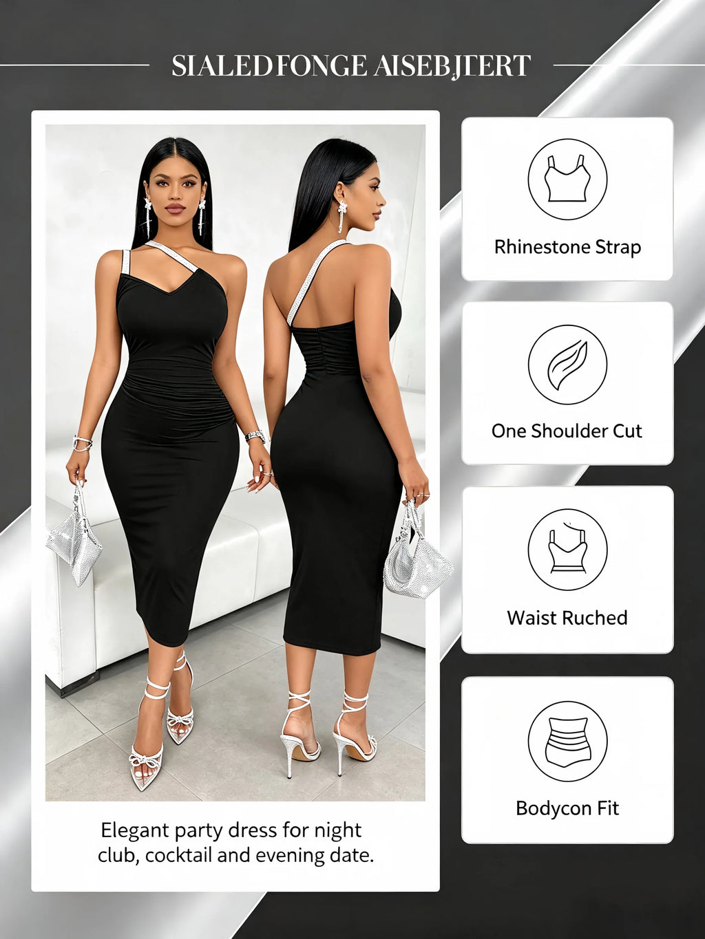 England Sparkly Strap One Shoulder Sleeveless Ruched Evening Midi Bodycon Dress