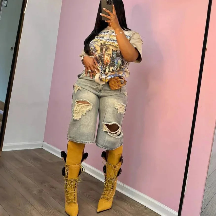 Stacy High Waisted Loose Vintage Ripped Denim Mid-length Straight-leg Denim Shorts
