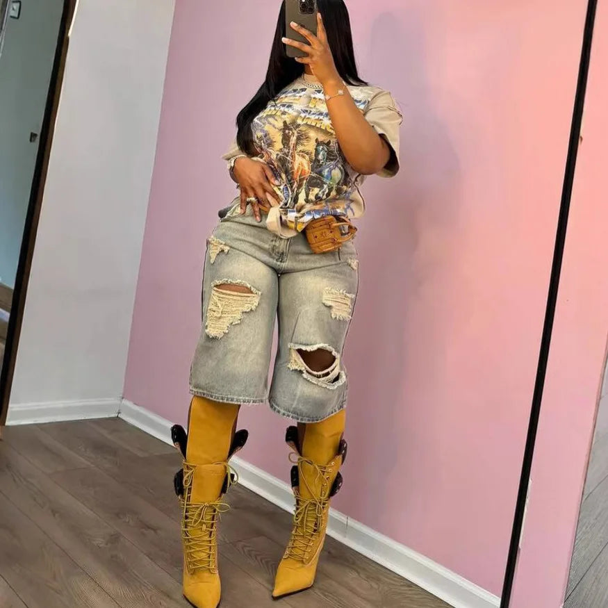 Stacy High Waisted Loose Vintage Ripped Denim Mid-length Straight-leg Denim Shorts