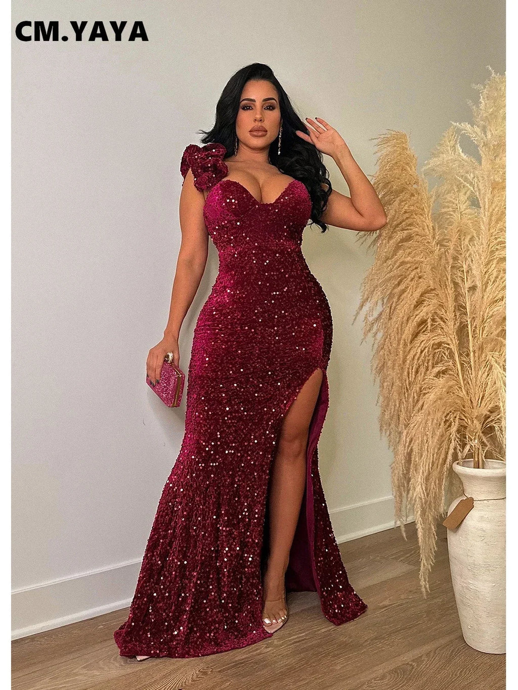 Trenton One Shoulder Open Back Sequined High Side Split Mermaid Maxi Dress