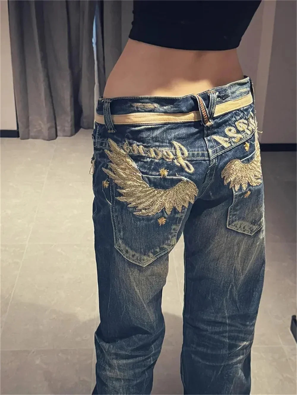 Marmora Gold Wing Embroidered Design Sense Low Waist Micro Flared Jeans