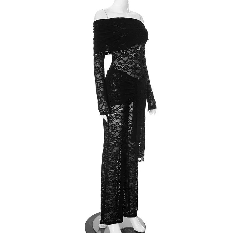 Westport Lace Sexy See Through Off-shoulder High Waist Club Party Jumpsuits