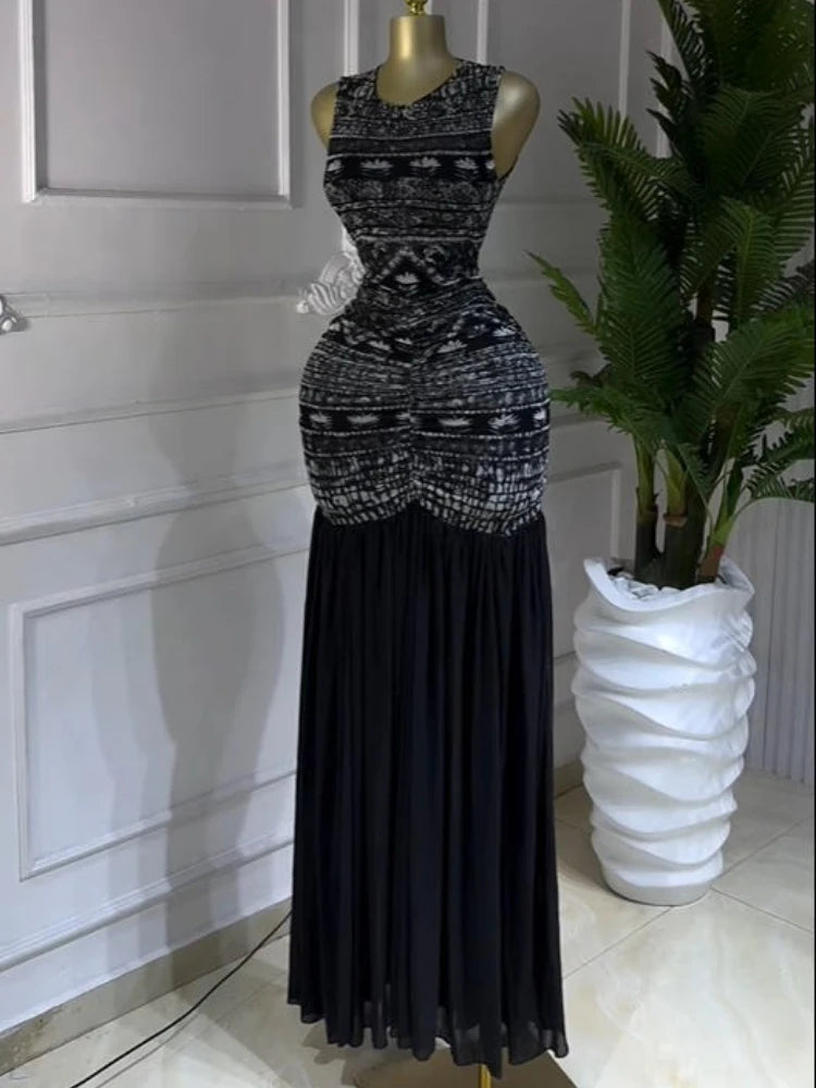 Printed Ruched Stacked Sleeveless Long Maxi Dress