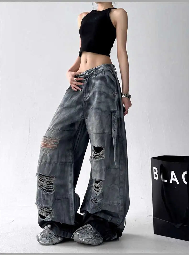 Jeans American High Street Ripped Straight Wide-Leg Jeans For Women Design