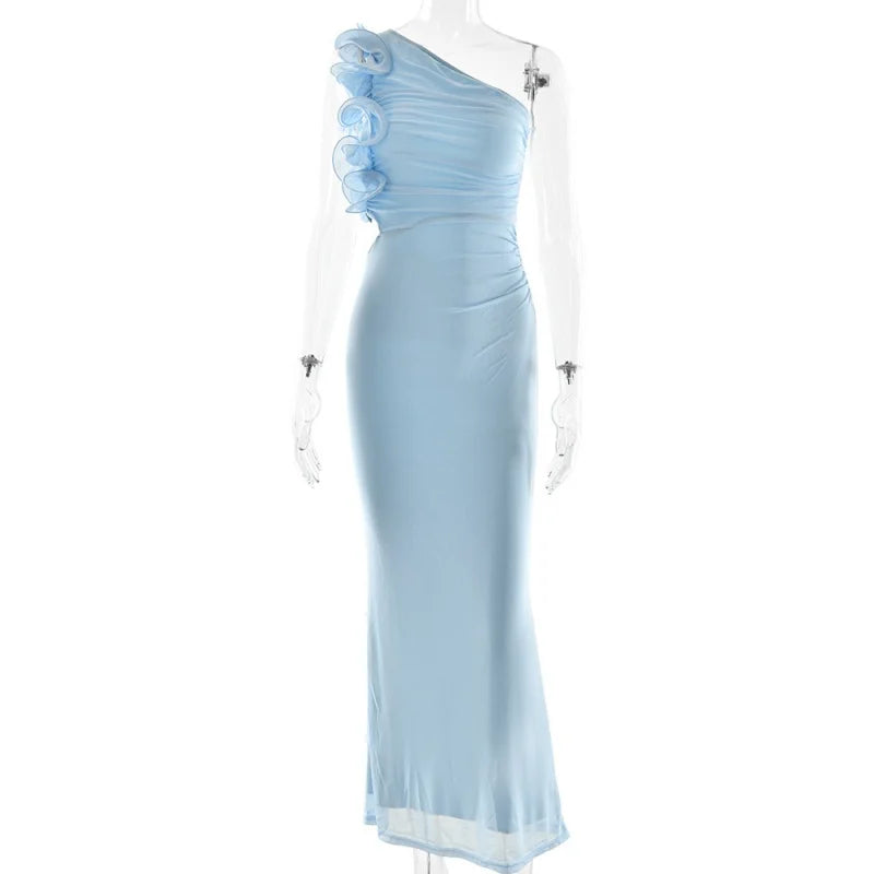 Allendale One Shoulder Bodycon Mesh Ruched Sexy Backless Long Dress