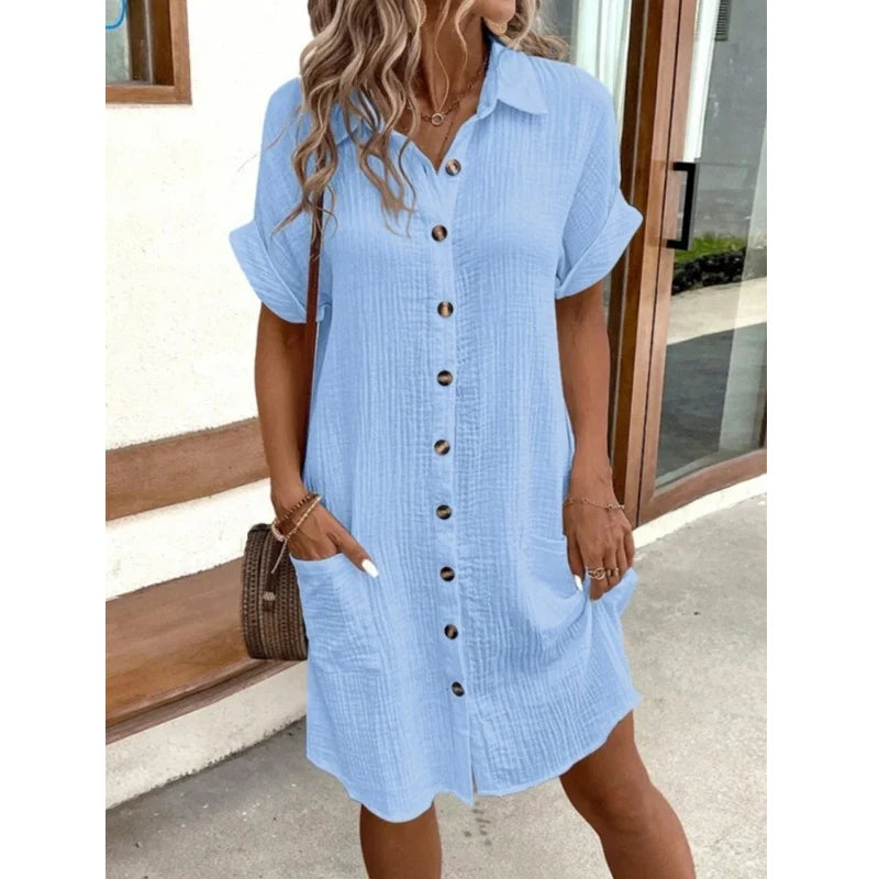 John Beach Solid Fashion V-neck Three Quater Sleeve Cotton Linen Dress