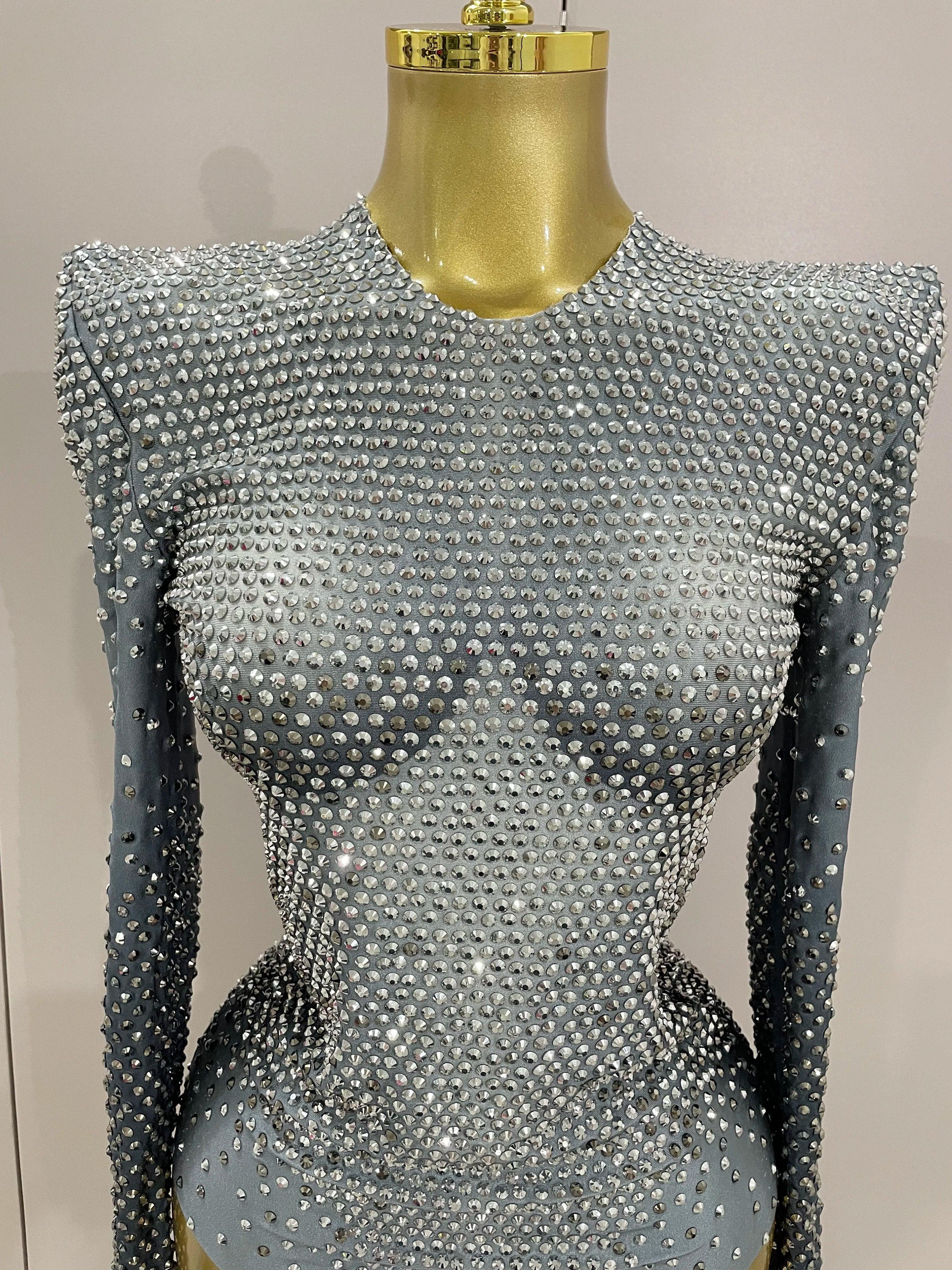 Norwish Sparkle Silver Rhinestones Long Sleeve Stretch Romper