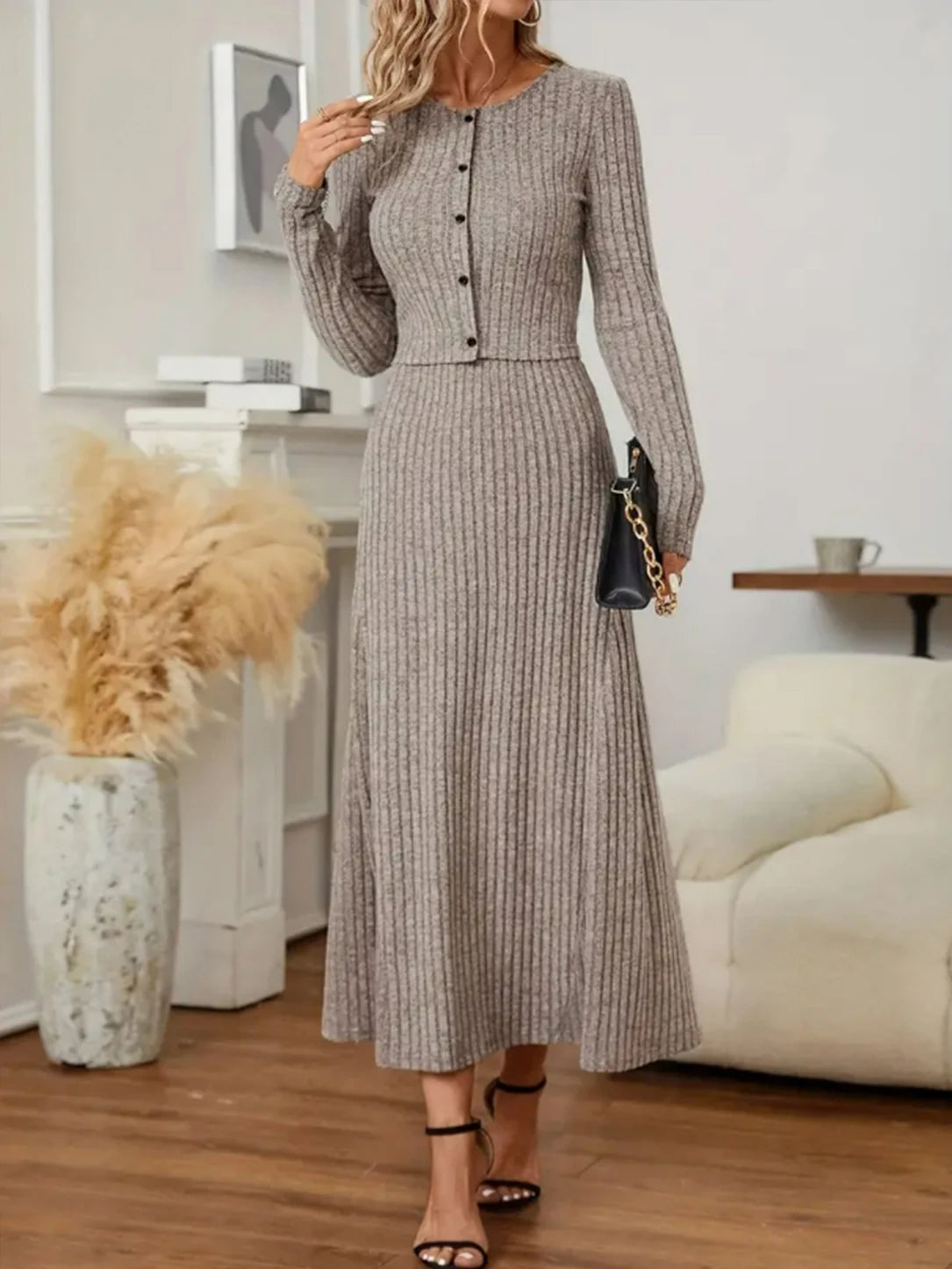Sonia Ribbed Knit Outfit Long Sleeve Two Piece Sets