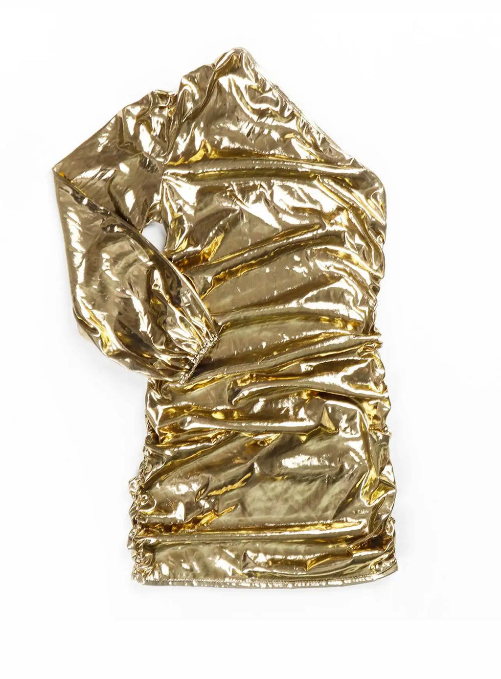 Highland Falls Metallic Gold One-shoulder Club Party Long Sleeve Ruched Bodycon Mini Dress