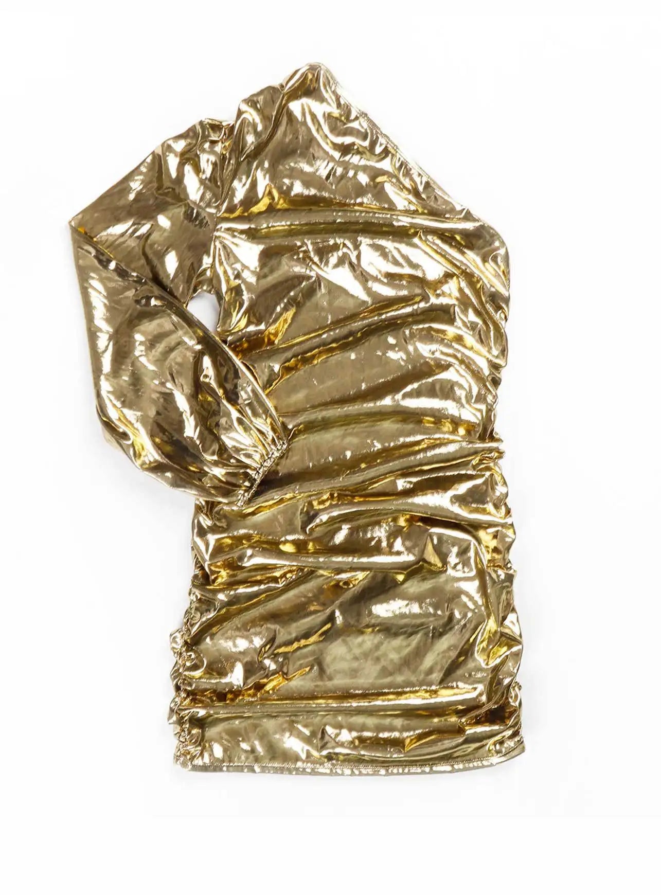 Highland Falls Metallic Gold One-shoulder Club Party Long Sleeve Ruched Bodycon Mini Dress