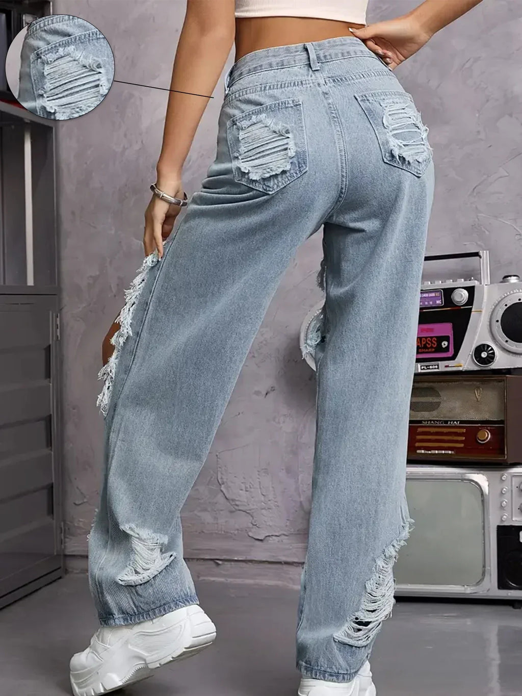 Harvey Cedar Light Washed Ripped High Waist Baggy Straight Leg  Denim