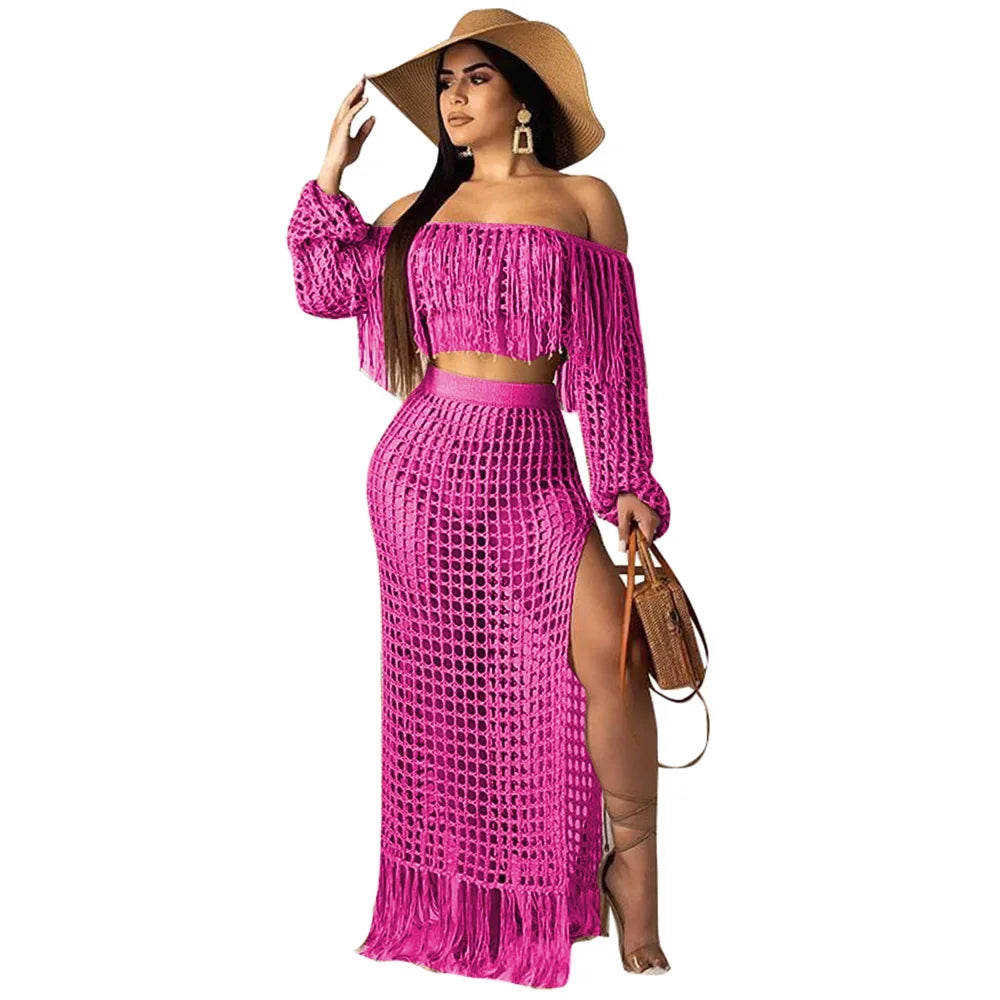 Off Shoulder Tassel Hollow Out Beach Set