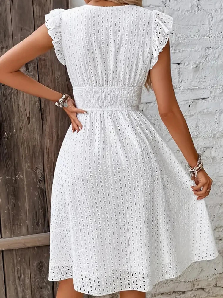 Elegant V Neck Ruffle Sleeve Plus Size Hollow Out Dress