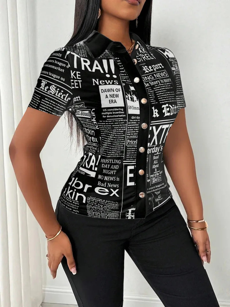 Pluto Elegant Fashion Newspaper Pattern Print Single Breasted Short Sleeve Tops