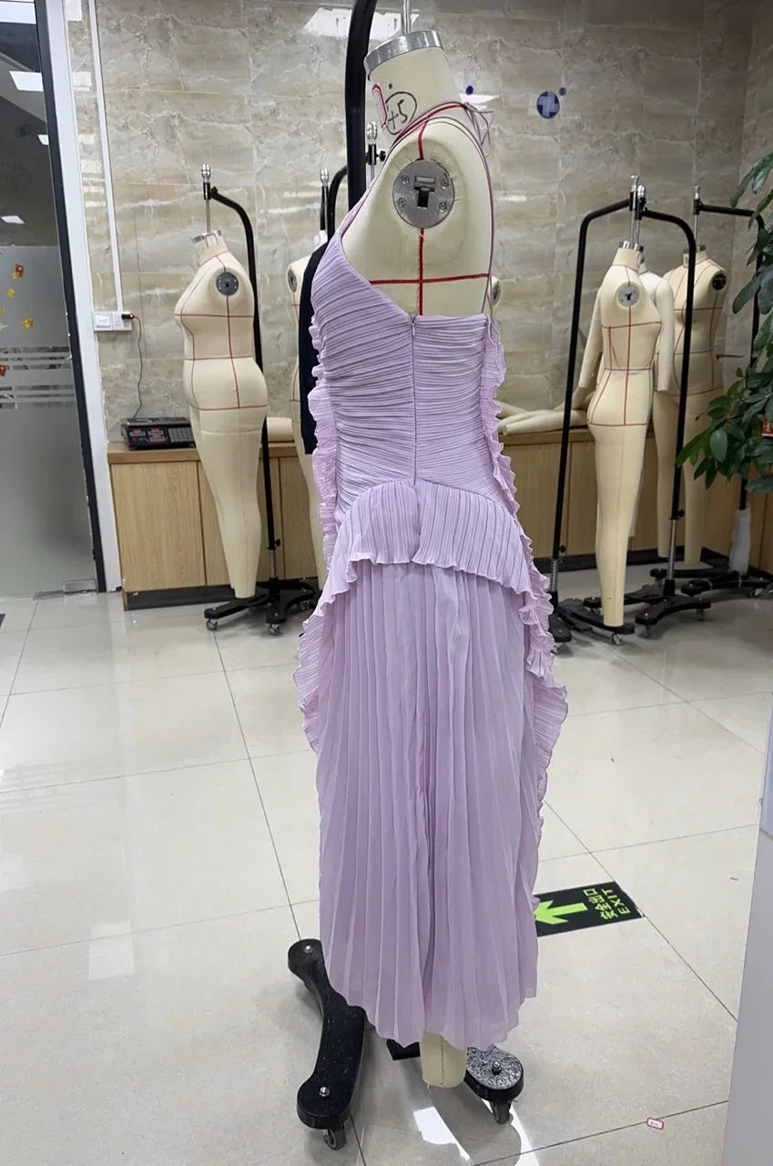 Indiana Ruffle Pleated Fashion Sleeveless Halter Irregular Tiered Pleated Maxi Dress