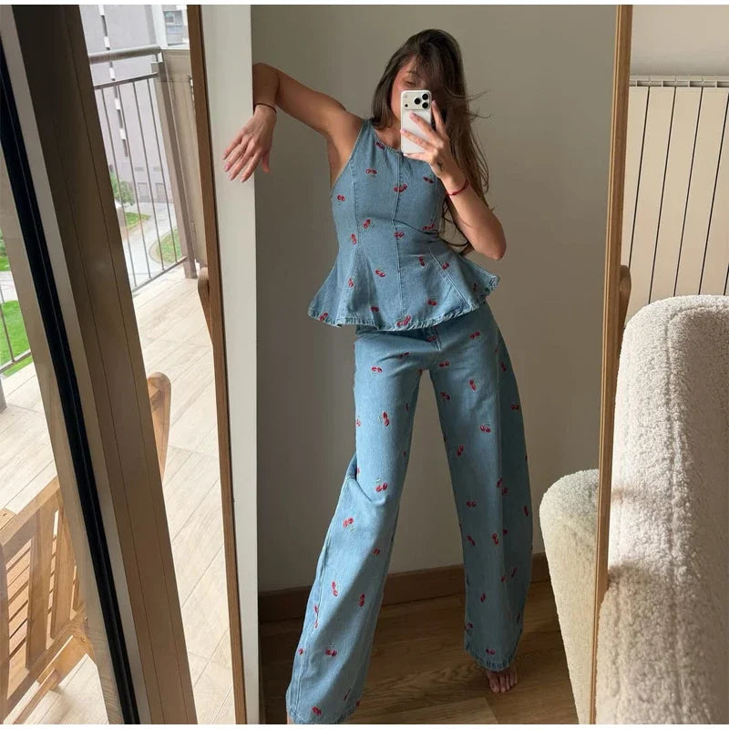 Viviana Denim Printed Sleeveless Two Piece Sets