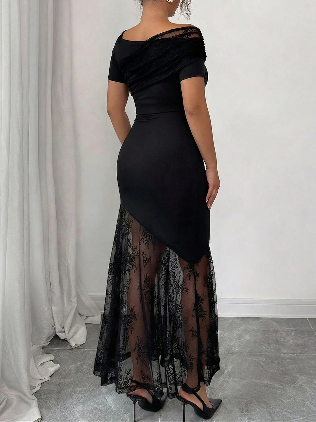 Manhattan Plus Size Black Asymmetric Neck Lace Patchwork Bodycon Mermaid Dress
