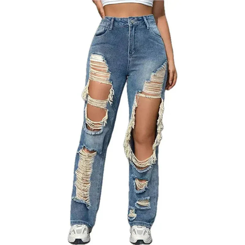 Harvey Cedar Light Washed Ripped High Waist Baggy Straight Leg  Denim