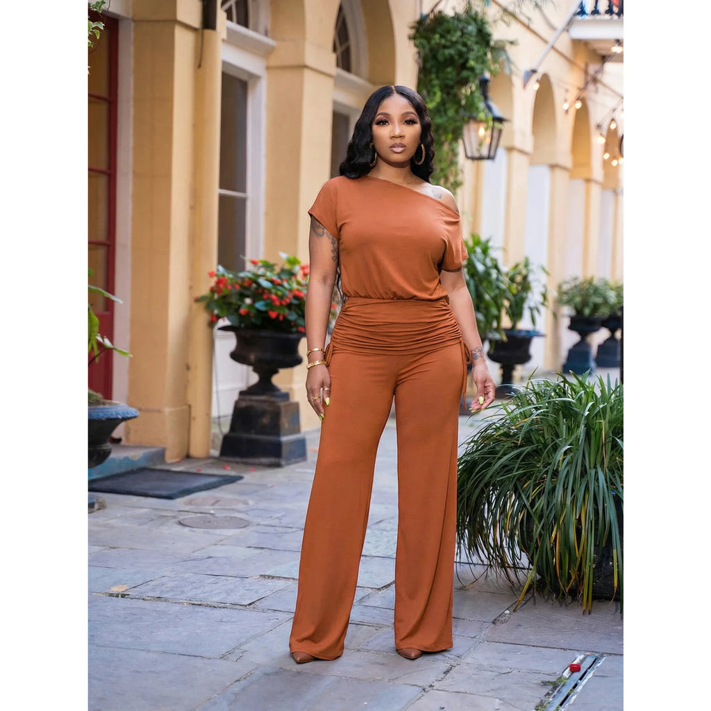Naomi Pleated Asymmetric Neckline TWo Piece Sets