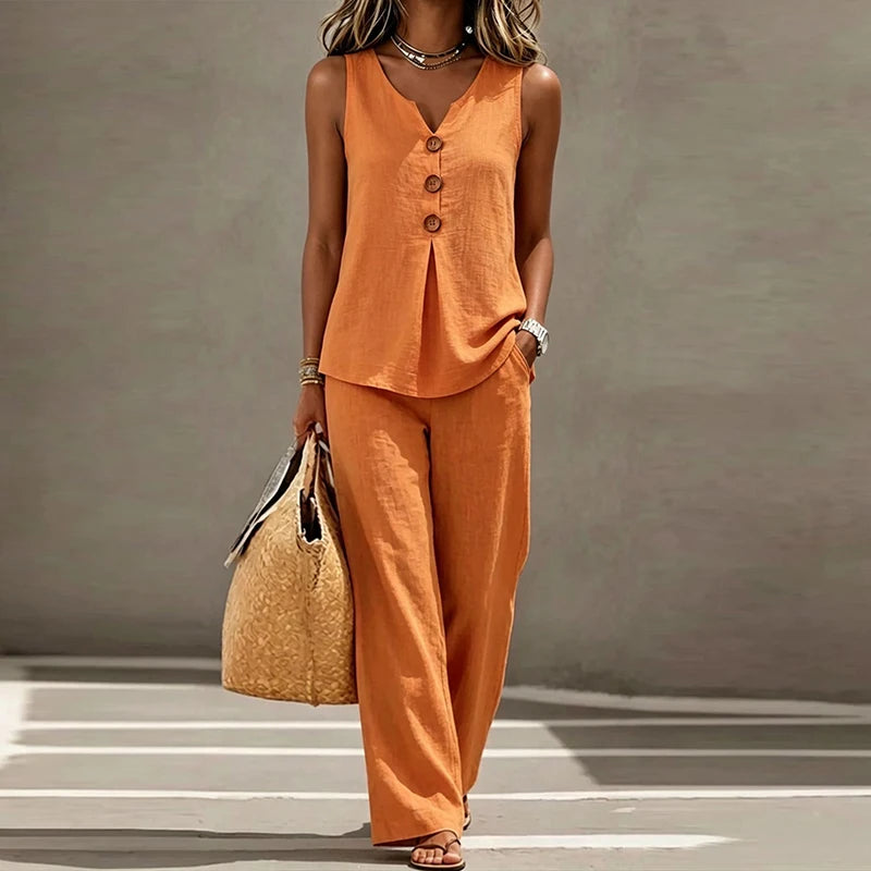 Merida Summer Sleeveless V Neck Button Two Piece Sets