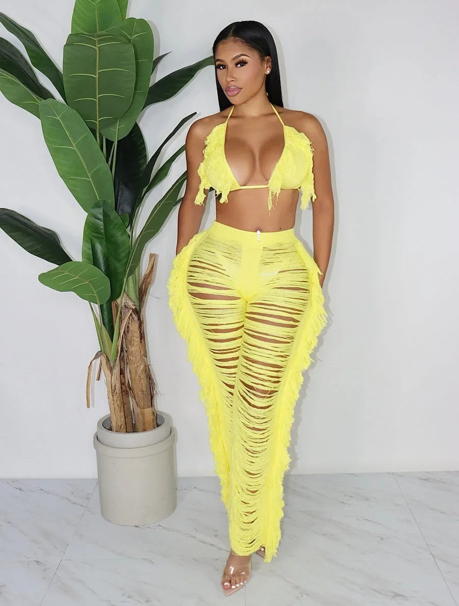 Maya Sexy Beach Tassel Crop Hole Wide Leg Two Piece Sets