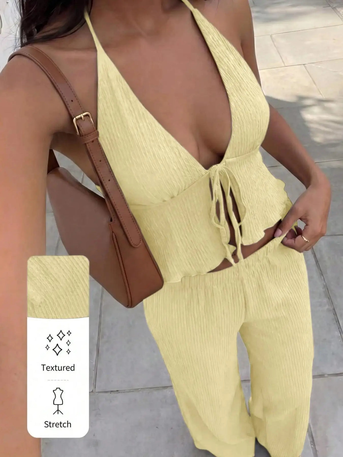 Rita Textured Neckline Deep V-Neck Two Piece Sets