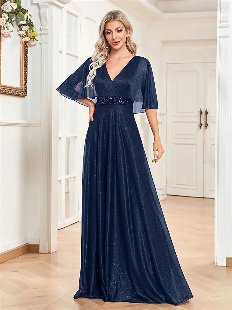 Pocono Elegant Shining Bat Sleeve Formal Evening Luxury A-line Gowns Dress