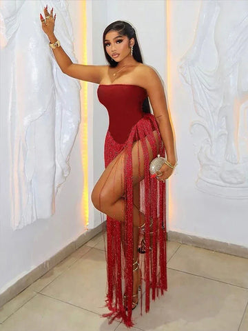 Woodhaven Strapless Patchwork Tassel Sexy Beach Clubwear Midnight Romper