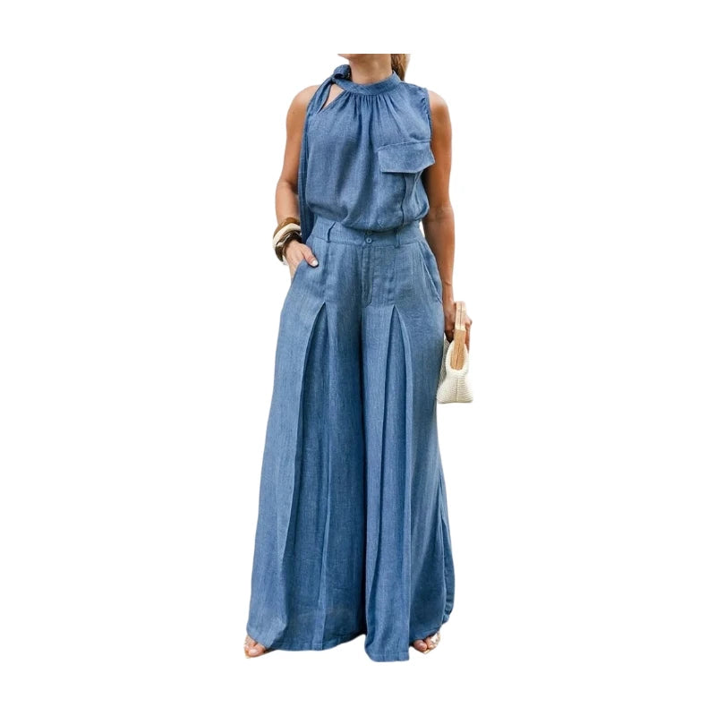 Jumeiry High Waist Pleated Wide Leg Two Piece Sets