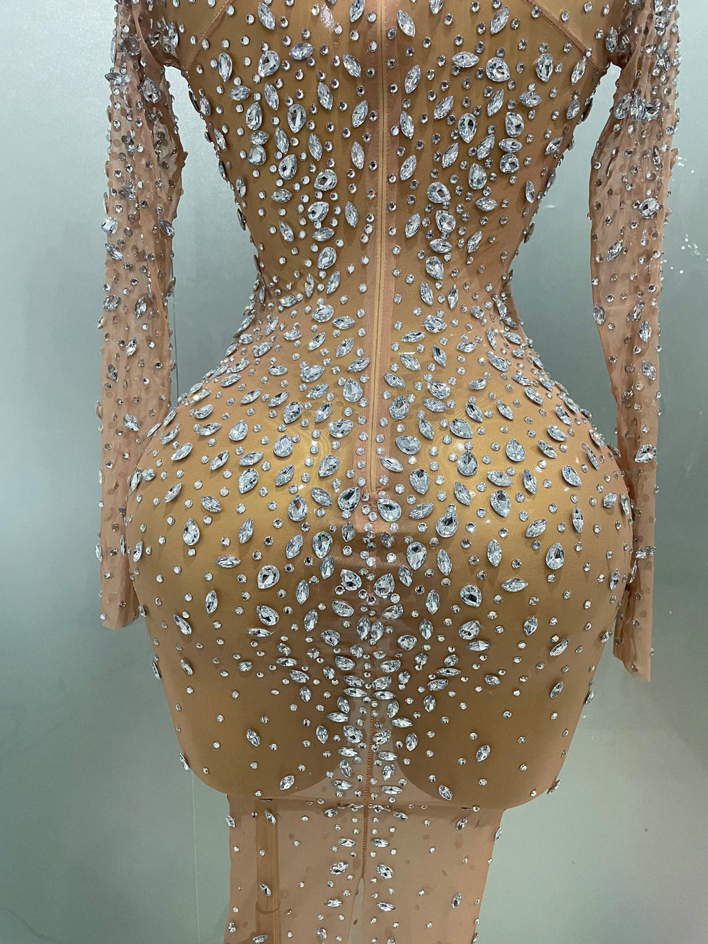 Cumberland Shinny Rhinestone Stretch Mesh Transparent Long Dress