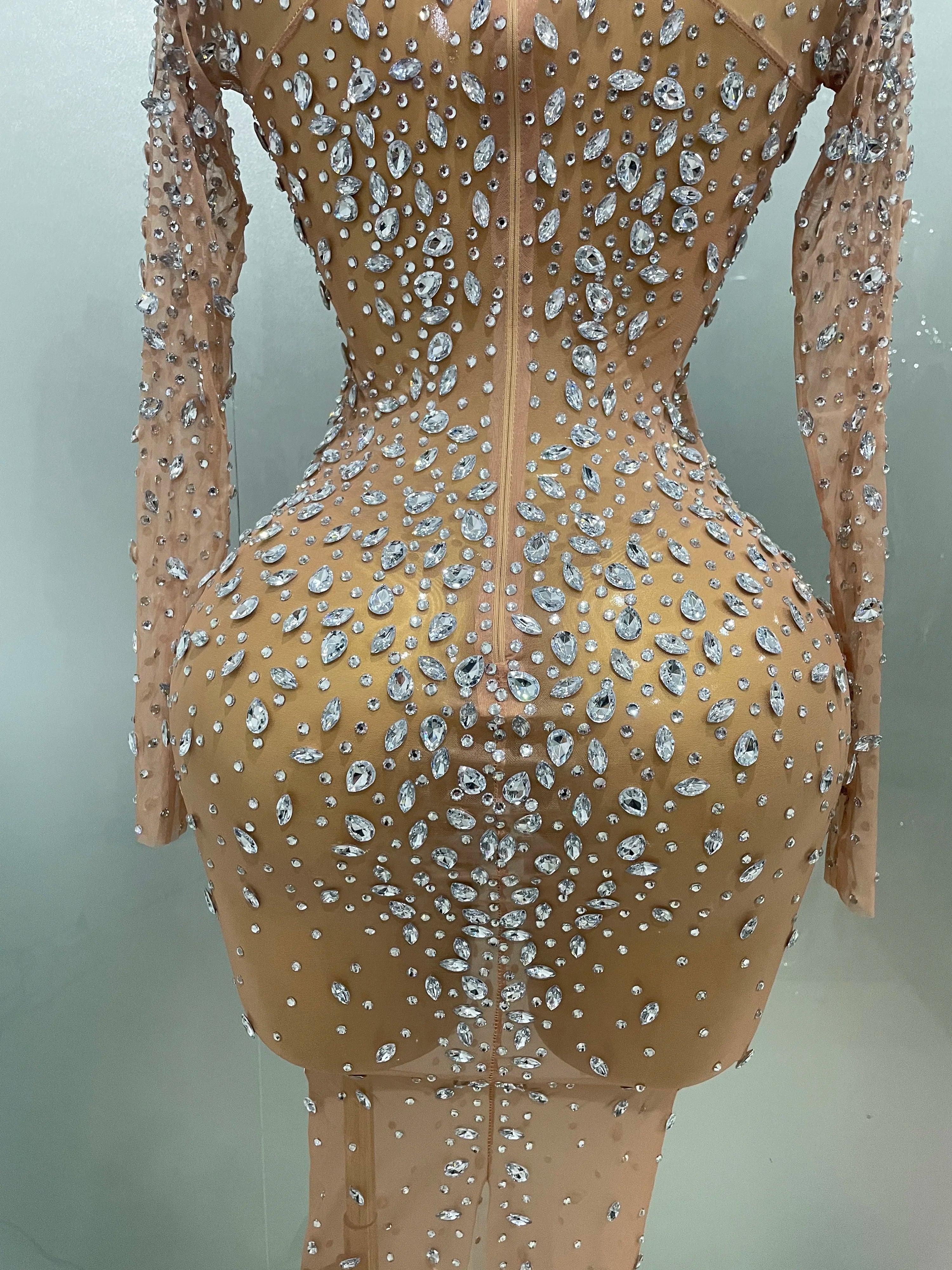Cumberland Shinny Rhinestone Stretch Mesh Transparent Long Dress
