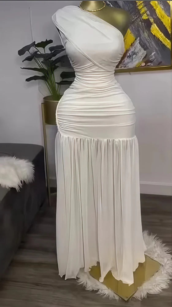 Elegant Skew Neck One Sleeve Off Shoulder Mesh Slit Long Maxi Dresses