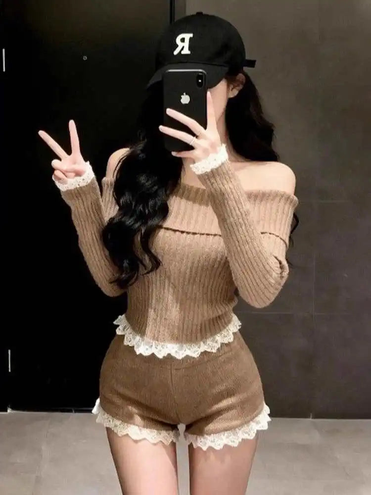 Erika Lace Splice One Shoulder Knitted Two Piece Sets