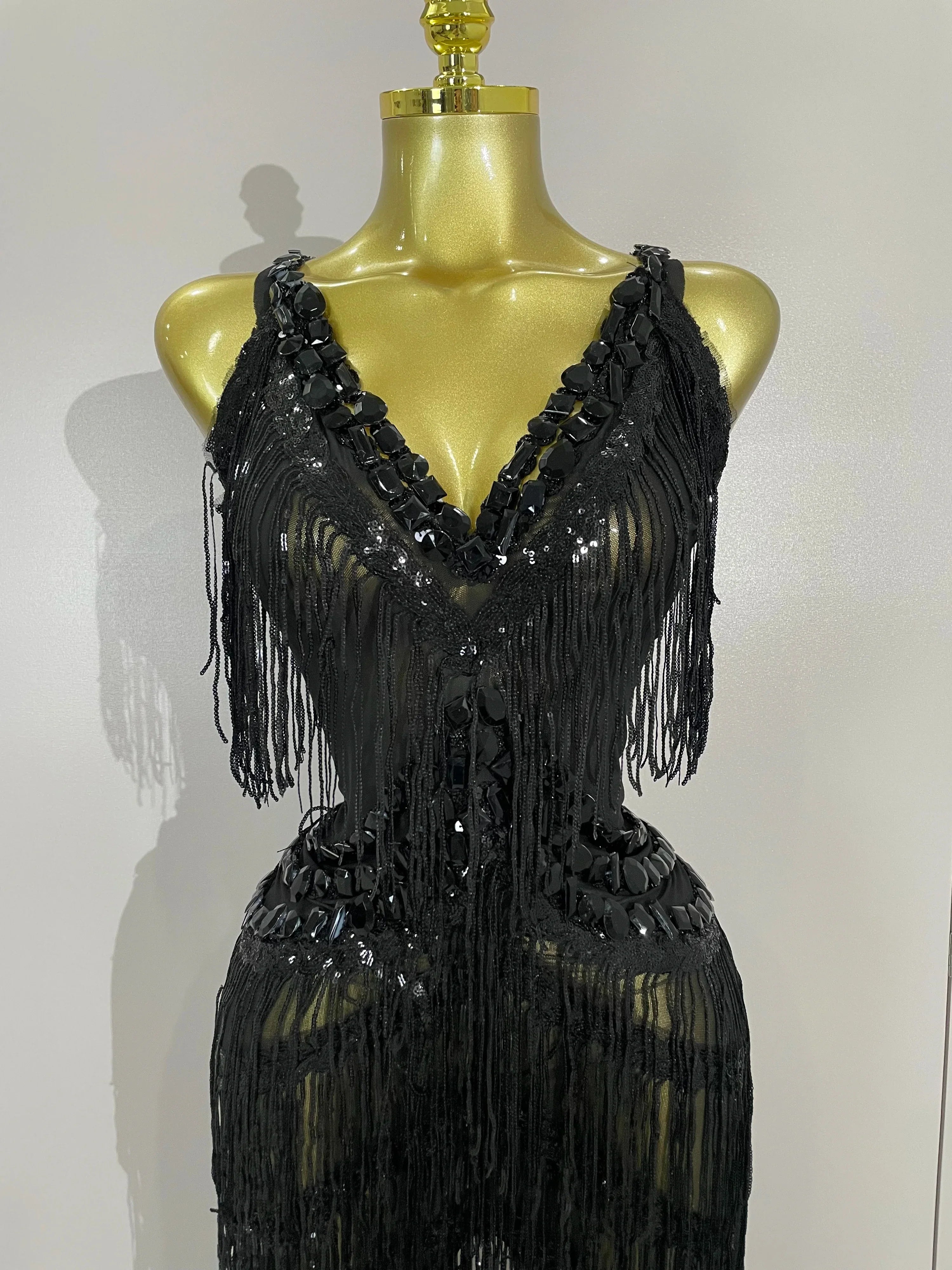 Watkin Glen Sparkly Black Rhinestones Sequined Fringe jumpsuit