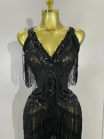Watkin Glen Sparkly Black Rhinestones Sequined Fringe jumpsuit