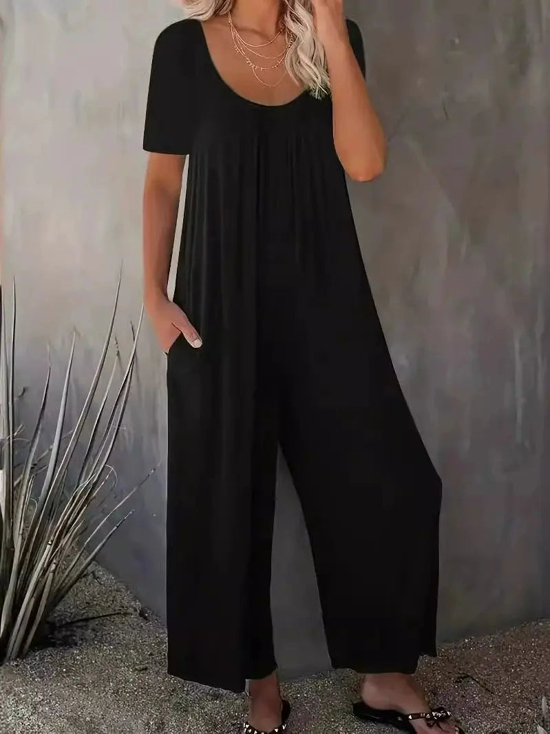 Plus Size Summer Women's Solid Color Jumpsuit with Pockets Casual Fashion