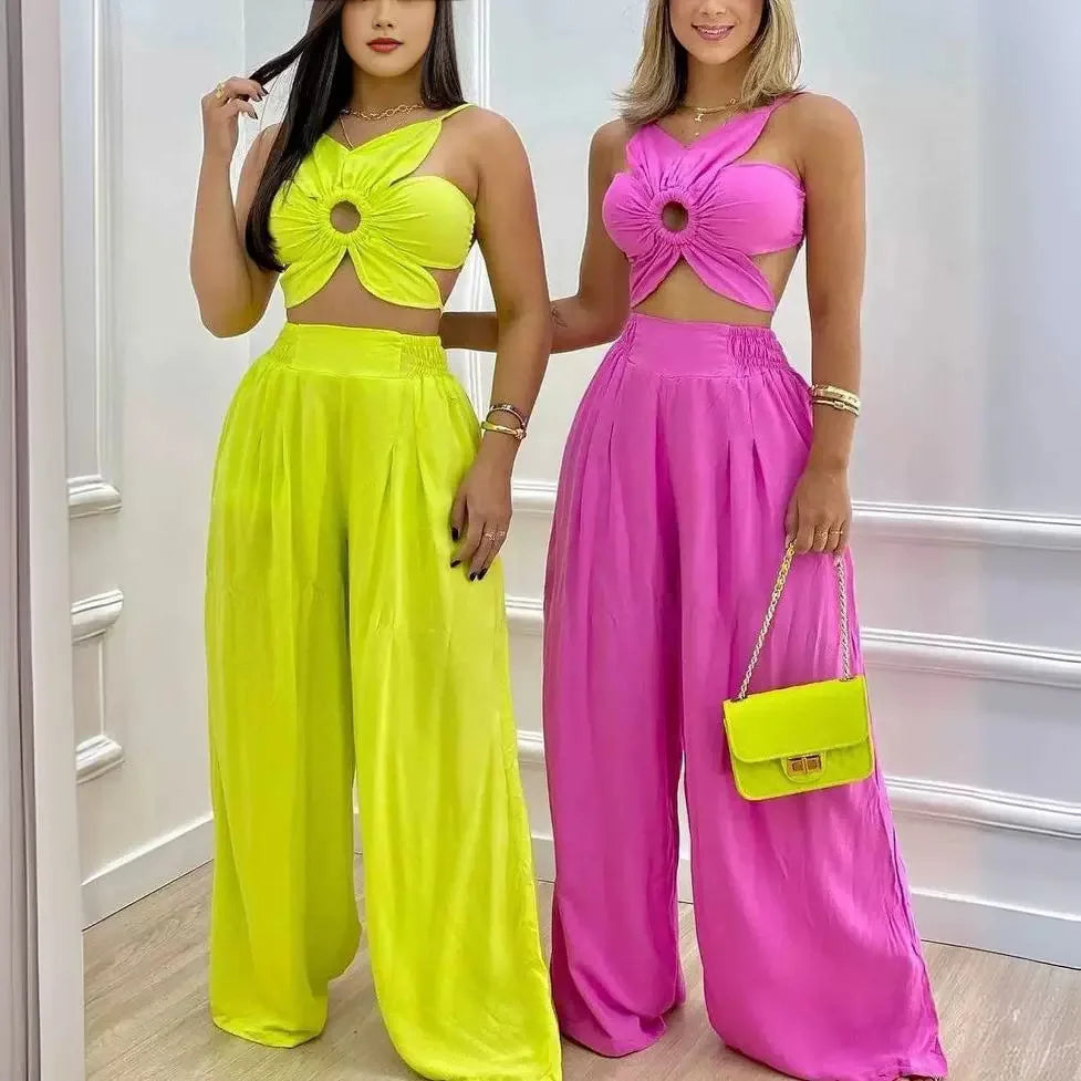 Hebron Floral Pattern Ruched Hollow Out Cami Solid Color Set