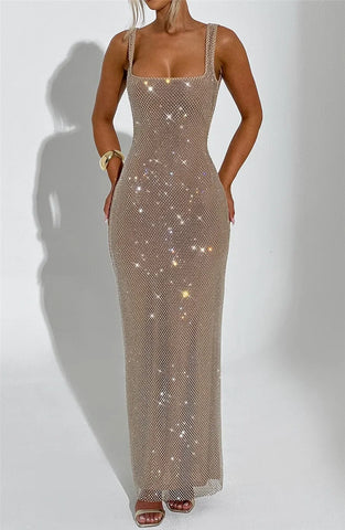 Bellport Sequins Backless Gown Sparkle Square Collar Sleeveless Bodycon Long Dress